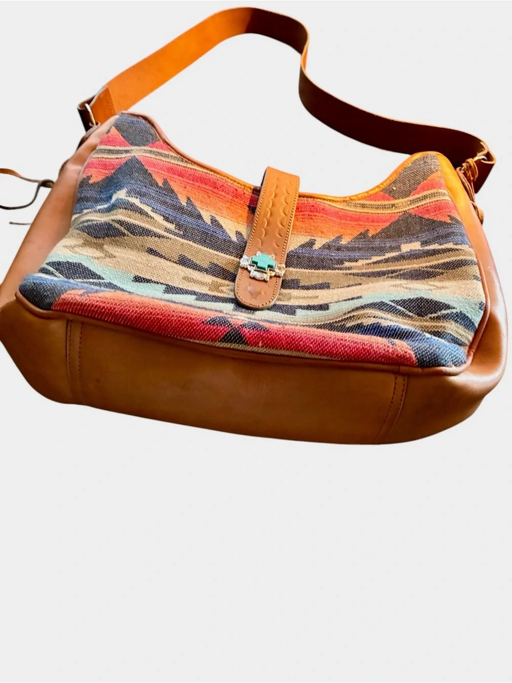 Ariat Southwestern Pattern Tan Leather-Trim Shoulder Bag w fringe Large tooled